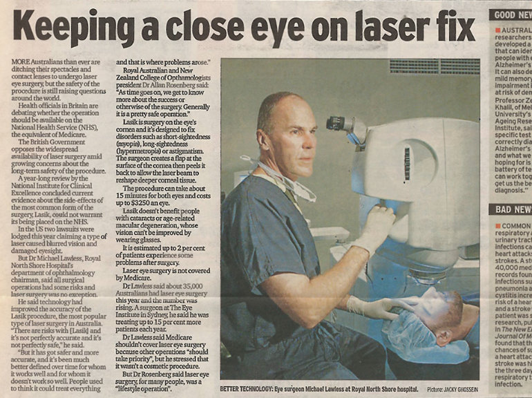 Newspaper clipping featuring Vision Eye Institute doctor partner, A/Prof Michael Lawless (2004)