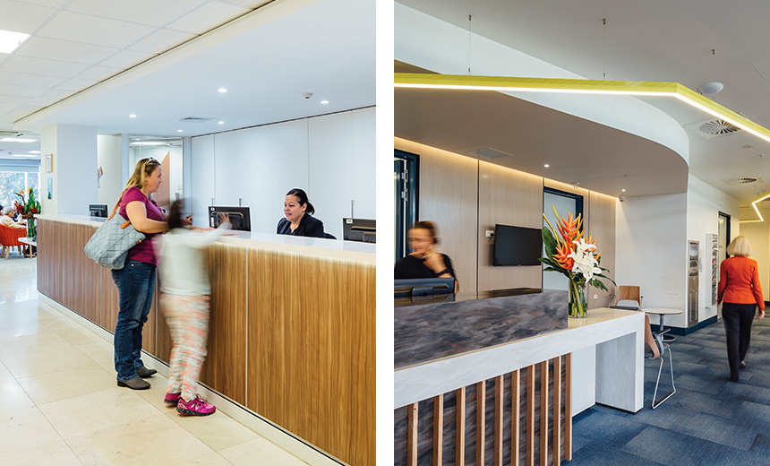 side-by-side image of the Chatswood clinic reception and Hurstville clinic reception