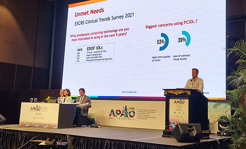 A/Prof Tim Roberts stands at a podium on a stage in front of a large projector screen showing a slide from his presentation with some stats from the 2021 ESCRS Clinical Trends Survey.