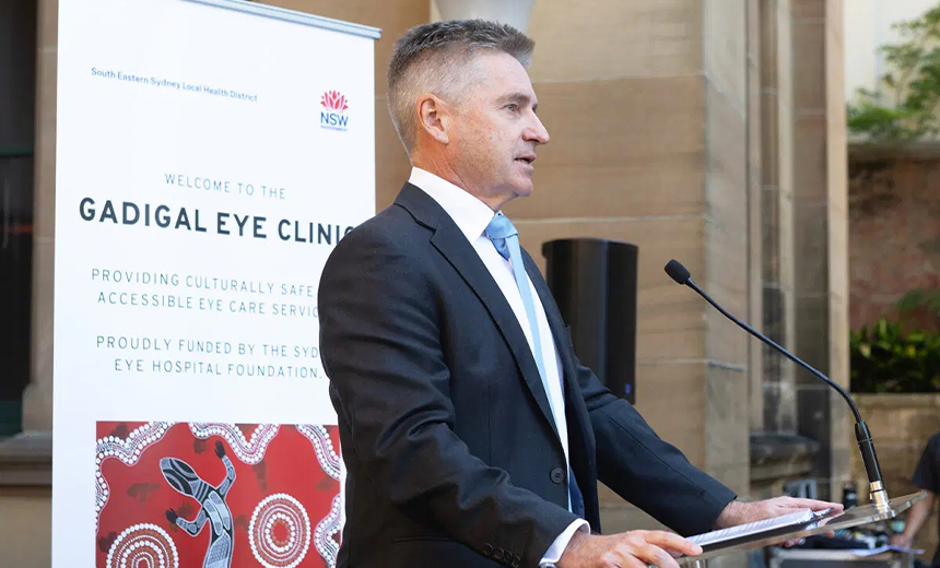 Side profile shot of Professor Gerard Sutton at the opening of the Gadigal Eye Clinic.