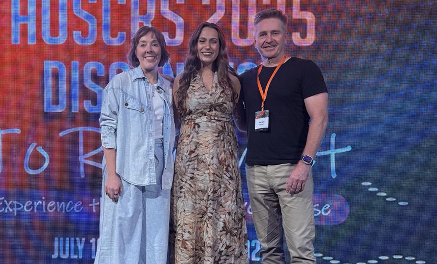Dr Jacqueline Belts, singer Olivia Fox and Prof Gerard Sutton at the 2025 Australasian Society of Cataract and Refractive Surgeons (AUSCRS) conference in Darwin, Australia.