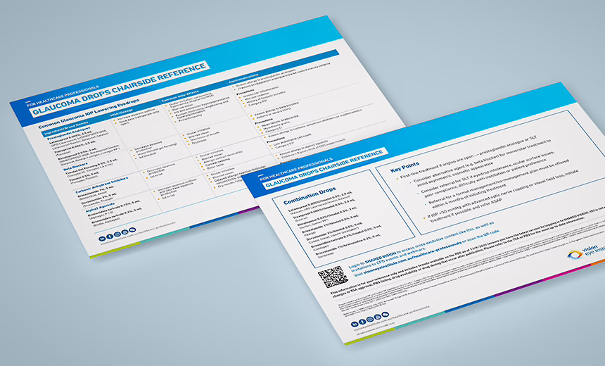 Mock-up of the glaucoma drops chairside reference document.