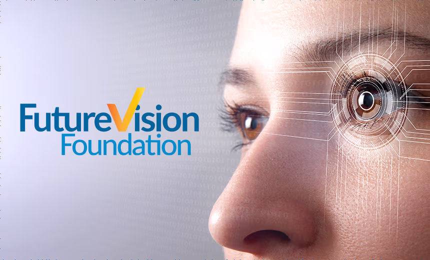Future Vision Foundation branding paired with a person's eye, overlaid with a digital scanning icon, representing advanced ophthalmic innovation.