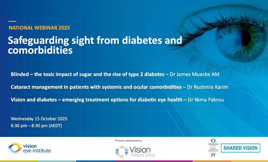The title slide for Vision Eye Institute's 2025 National Webinar, entitled 'Safeguarding sight for diabetes and comorbidities'