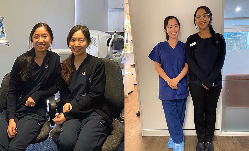 Two images stitched together of orthoptists Tram Nguyen and Sophia Hadwani, and Janine Hardy and Hannah Guan
