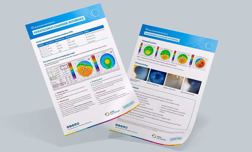 Mock-up of the two pages of the keratoconus chairside reference document.