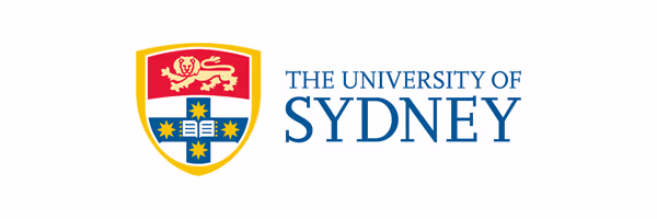 Logo for The University of Sydney. The red, blue and gold shield with a lion over a book with stars aligns to the left of the name, which is in blue text.