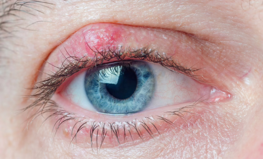 Photo of an eye with a chalazion on the upper lid.