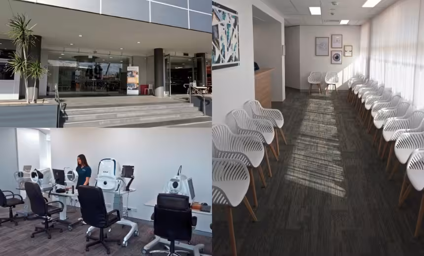 Collage of three images of the Drummoyne clinic, the right half depicts the Drummoyne clinic waiting area (a narrow room with green carpeted floor toward a white back wall with framed eye images hanging on it (iris + pupil, closed 2D eyes, 2D anatomical diagram of the inner eye in profile). individual white, modern deco chairs line the right-hand side of the room in front of a white curtained window that afternoon light filters through, the same chairs line the left wall but leave a gap at the far end for the wooden-panelled front reception desk. A modern, abstract angular painting in black, teal and blue acrylic paint hangs on the left wall) the left half is split into two images top and bottom. The top image shows the exterior of the building (Wide grey steps lead up to the entrance of the building, the entrance sheltered by the building overhang, white roofed lit with downlights. The doorway is a series of floor-to ceiling glass panels marked ‘49 Queens’ in bold black text. A potted yucca plant is visible on the left); the bottom image shows an internal room in the clinic with grey carpet, white walls and set up with 4 diagnostic eye testing machines, with empty chairs at each; a staff member in blue scrubs stands behind the second machine.