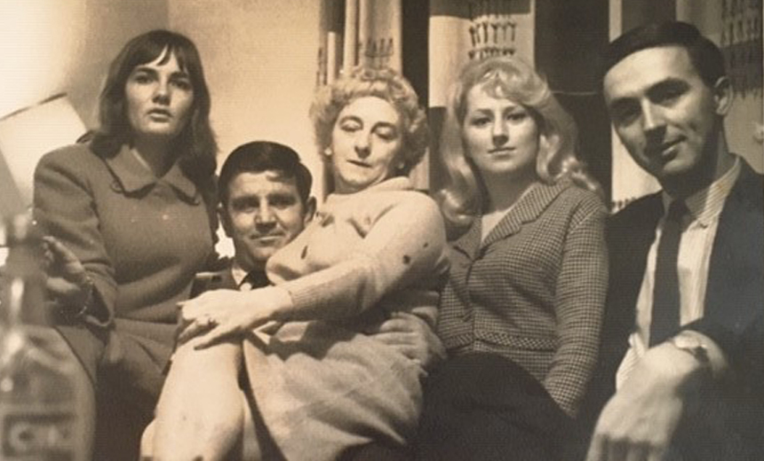 A photo taken at Fred and Mary Hollows’ house in Cardiff, Wales in 1965. (Prenet in the photo is Jannette (Dr McGuinness’s wife), Fred Hollows, Mary Hollows, Mary’s niece and Dr McGuinness.