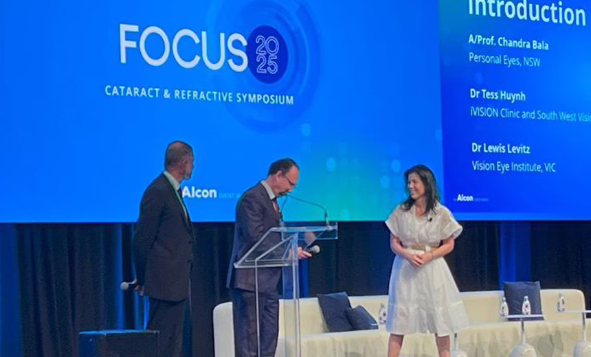 A photo of Dr Bala, Dr Levitz and Dr Huynh at the opening presentation for the Alcon meeting.