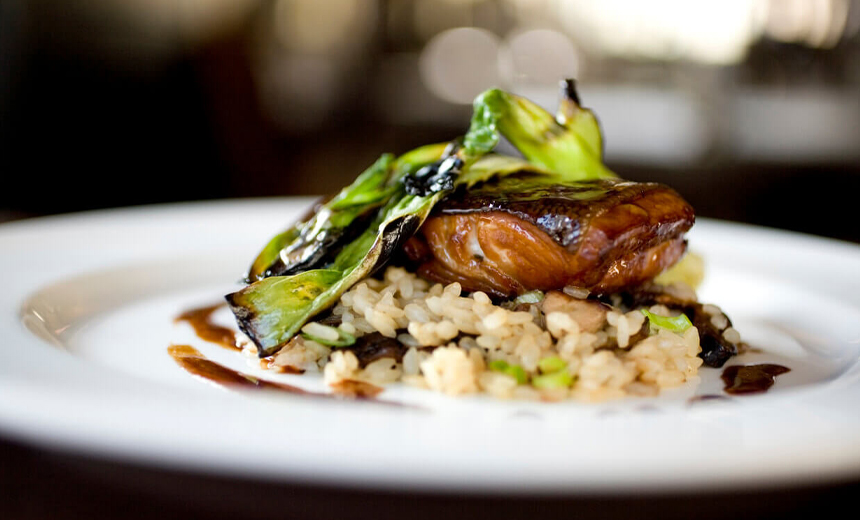 Miso-glazed salmon with bok choy and Japanese rice