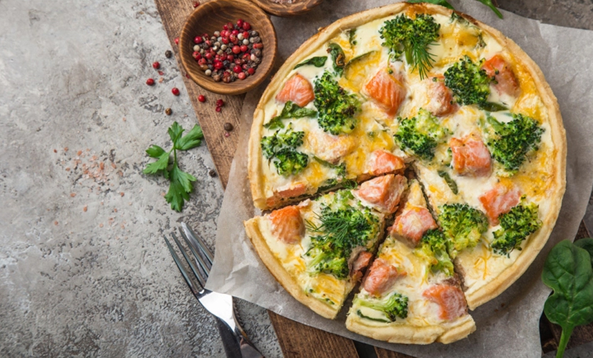 smoked salmon, broccoli and spinach quiche tart