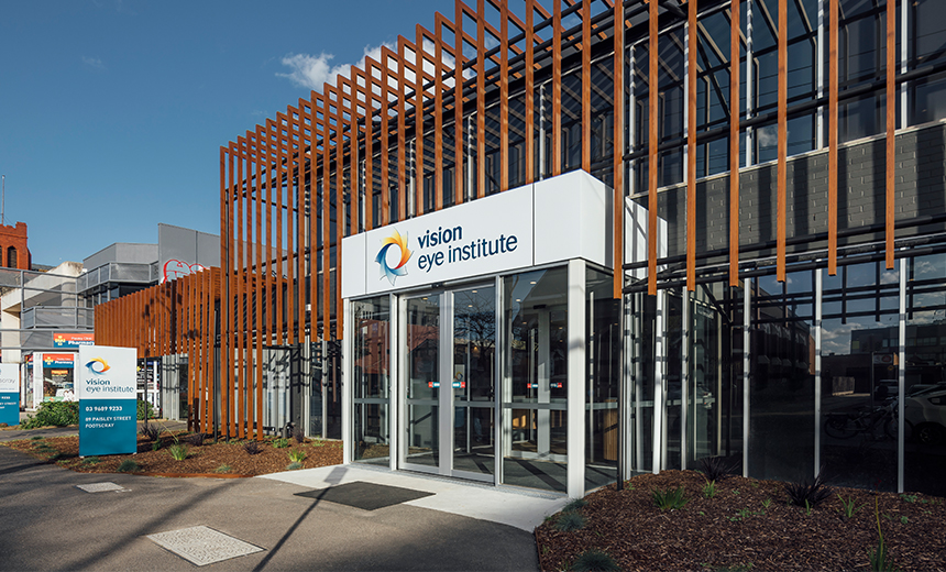 Exterior of Vision Eye Institute's Footscray clinic with a sign saying Vision Eye Institute